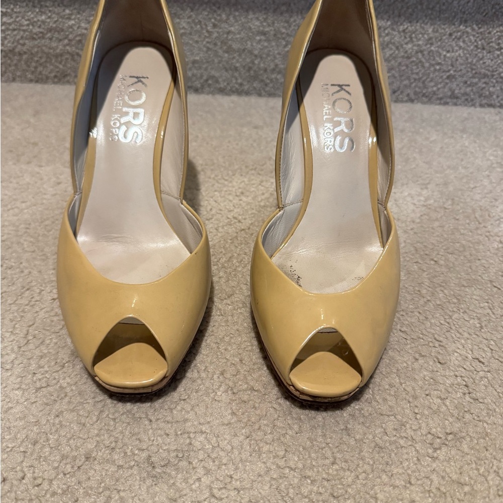 Michael Kors Beige/Nude Peep Toe Patent Leather Wedge Heels